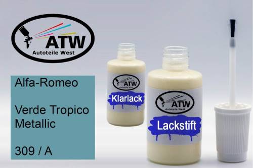 Alfa-Romeo, Verde Tropico Metallic, 309 / A: 20ml Lackstift + 20ml Klarlack - Set, von ATW Autoteile West.